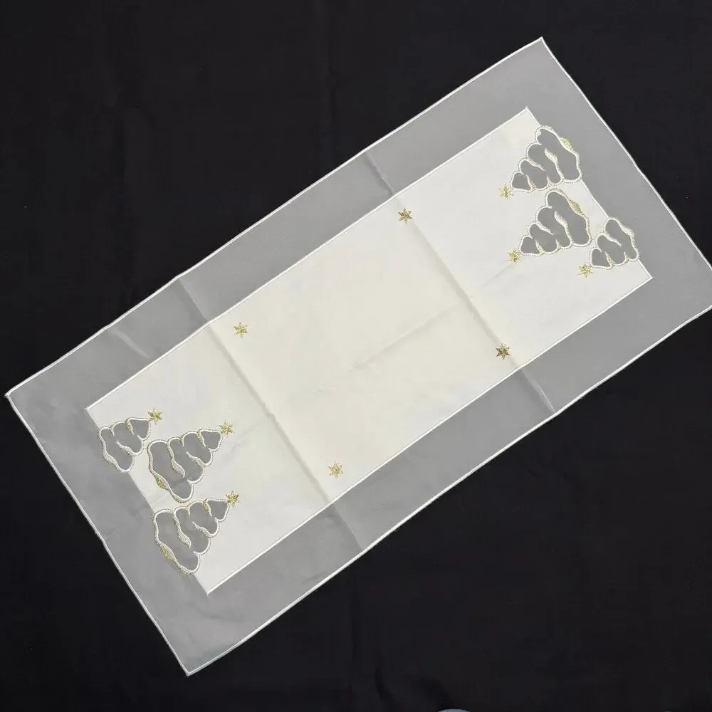 German Embroidered Table Runner Mat 14x22 Christmas Trees Metallic Gold Thread